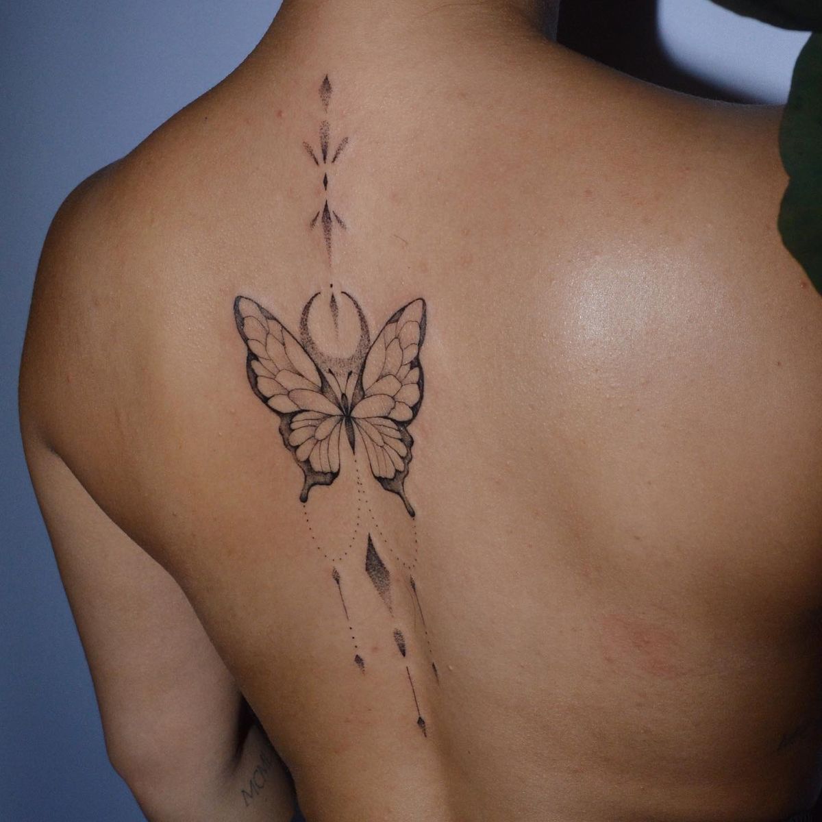 close up 🦋  beautiful backpiece, ornamental fineline & butterfly  #butterflytattoo #butterfly #moon #ornamentaltattoo #o