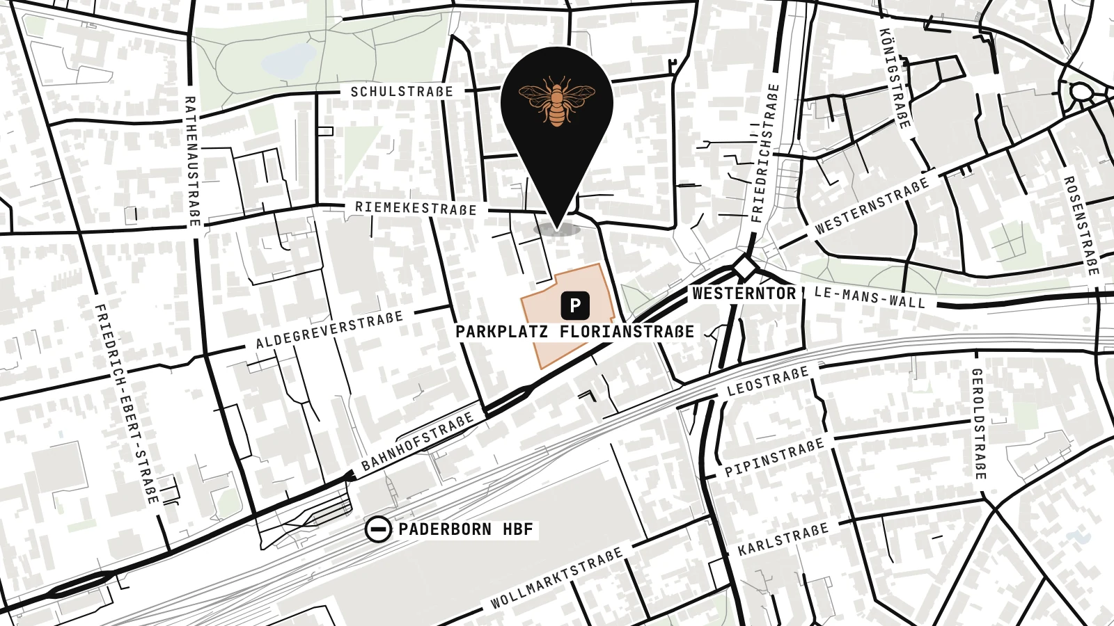 Karte: Riemekestr. 13 im Riemekeviertel, daneben Parkplatz Florianstraße, Westerntor und Hauptbahnhof